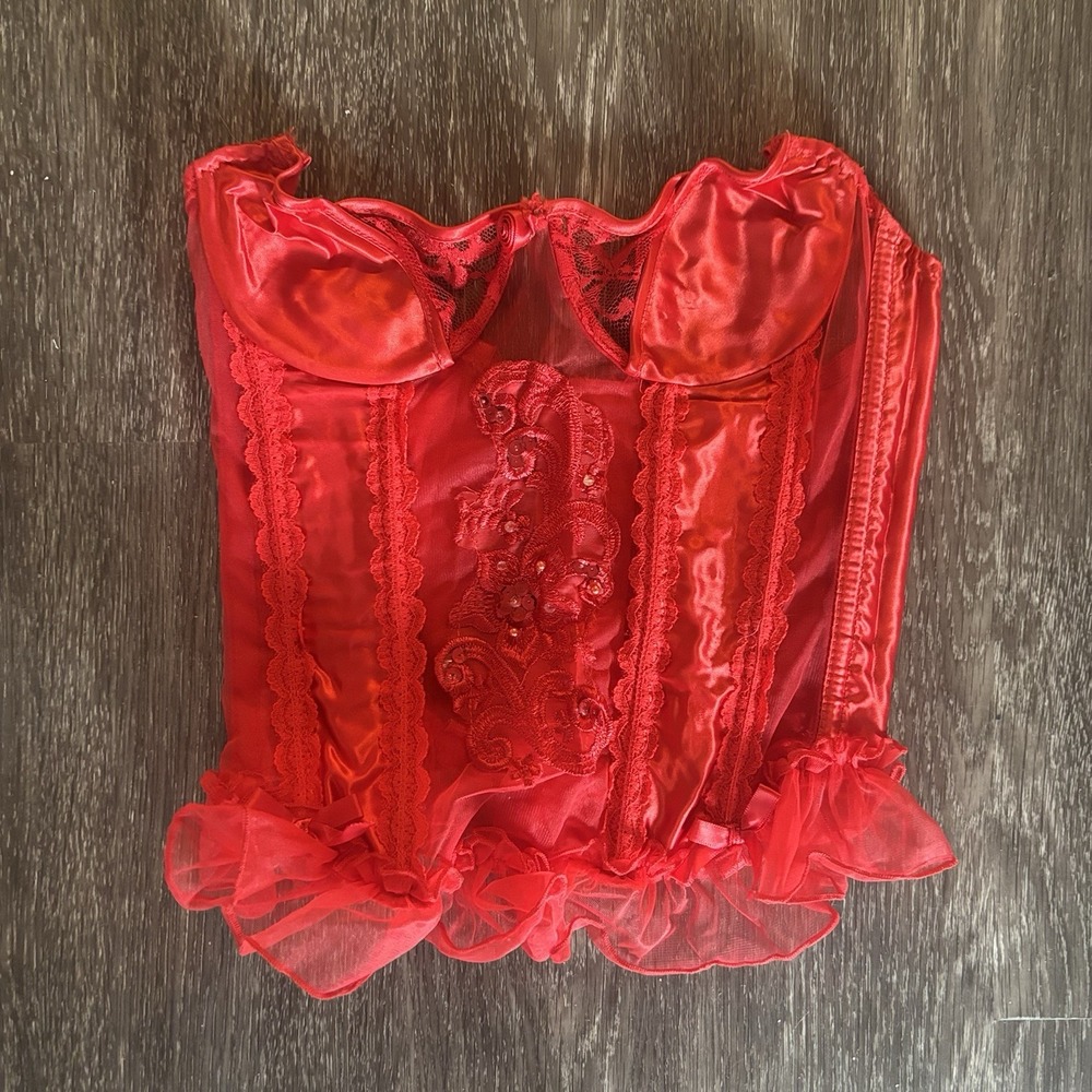 Vintage Fredericks Hollywood Corset Bustier Size 32 MADE IN USA sheer Red Lace